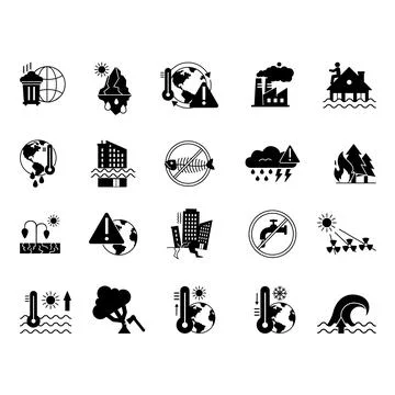Black Climate Change Icon Set. Vector Icon Global Warming, Tsunami, Fire, E.. Stock Illustration