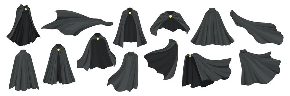 Black Cloak Vector Set. Superhero Cape, Mysterious Cloak, Flowing Black Cape Ilustración de archivo