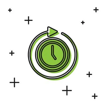 Black Clock with arrow icon isolated on white background. Time symbol. Clockwise Stock Illustration