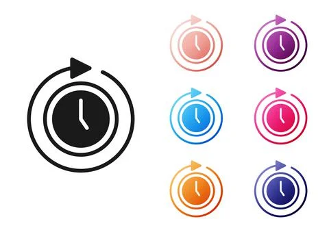 Black Clock with arrow icon isolated on white background. Time symbol. Clockwise Stock Illustration