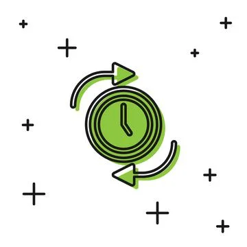 Black Clock with arrow icon isolated on white background. Time symbol. Clockwise Stock Illustration