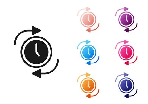 Black Clock with arrow icon isolated on white background. Time symbol. Clockwise Stock Illustration