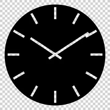 Black clock face with white hands. Isolated clock dial with hour markers. Stock Illustration