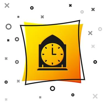 Black Clock icon isolated on white background. Time symbol. Yellow square button Stock Illustration