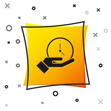 Black Clock icon isolated on white background. Time symbol. Yellow square button 스톡 일러스트
