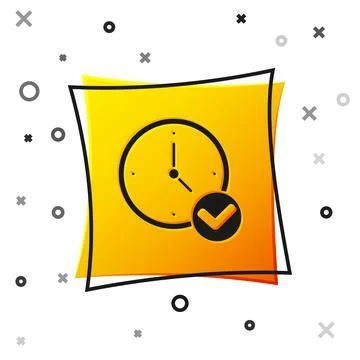 Black Clock icon isolated on white background. Time symbol. Yellow square button Stock Illustration