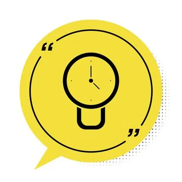 Black Clock icon isolated on white background. Time symbol. Yellow speech bubble Illustrazione stock