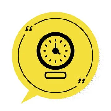 Black Clock icon isolated on white background. Time symbol. Yellow speech bubble Illustrazione stock