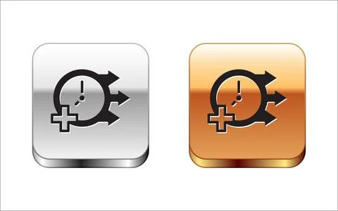 Black Clock icon isolated on white background. Time symbol. Silver and gold Stock Illustration