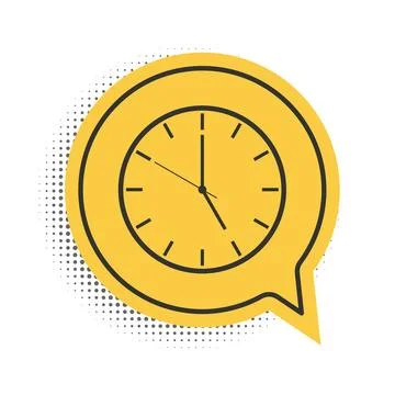 Black Clock icon isolated on white background. Time symbol. Yellow speech bubble Stock Illustration