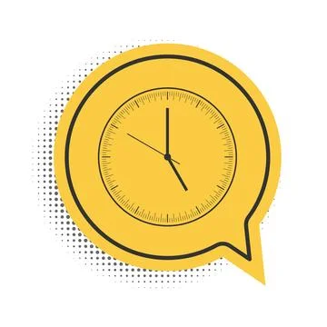 Black Clock icon isolated on white background. Time icon. Yellow speech bubble Stock Illustration