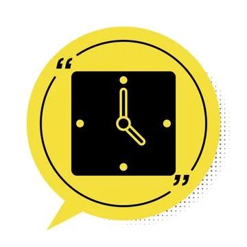 Black Clock icon isolated on white background. Time symbol. Yellow speech bub Illustrazione stock