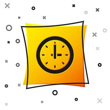 Black Clock icon isolated on white background. Time symbol. Yellow square b.. Stock Illustration