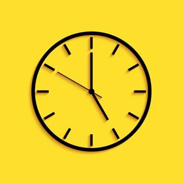 Black Clock icon isolated on yellow background. Time symbol. Long shadow style Illustrazione stock