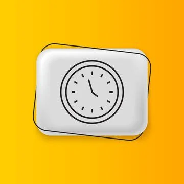 Black Clock icon isolated on yellow background. Time symbol. Silver rectang.. Stock Illustration