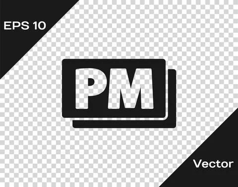Black Clock PM icon isolated on transparent background. Time symbol. Vector Stock Illustration