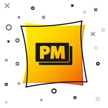Black Clock PM icon isolated on white background. Time symbol. Yellow square  Stock Illustration