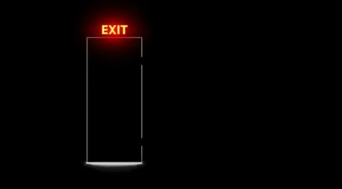 Black closed door and neon exit lamp, dark background. Realistic. Stock Illustration