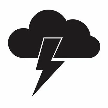 Black cloud and lightning bolt weather icon on white background Stock Illustration