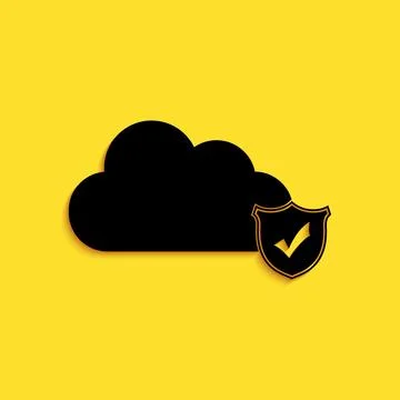 Black Cloud and shield with check mark icon isolated on yellow background. Cloud イラスト素材