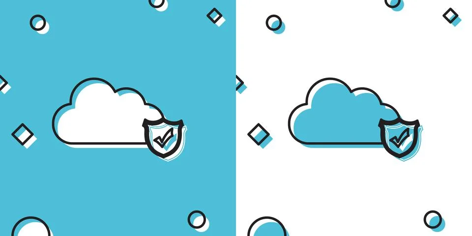 Black Cloud and shield with check mark icon on blue and white background. Cloud Illustrazione stock