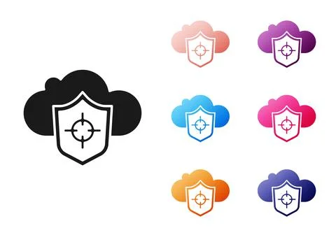 Black Cloud and shield icon isolated on white background. Cloud storage data Illustrazione stock