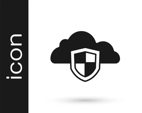 Black Cloud and shield icon isolated on white background. Cloud storage data Illustrazione stock