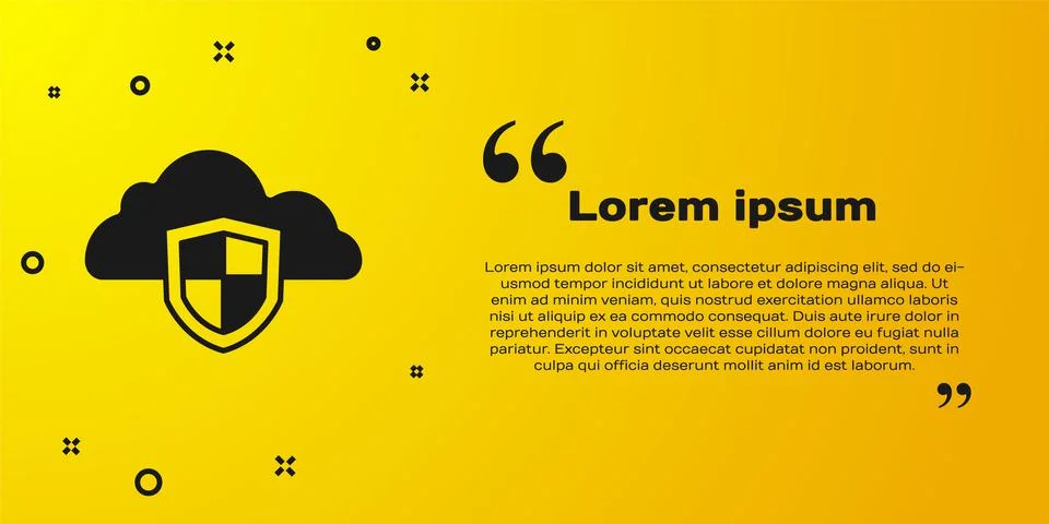 Black Cloud and shield icon isolated on yellow background. Cloud storage data Stock Illustration