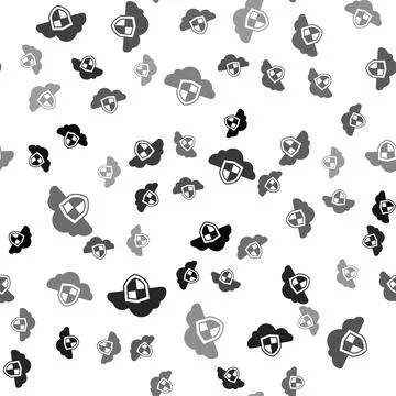 Black Cloud and shield icon isolated seamless pattern on white background. Cloud イラスト素材