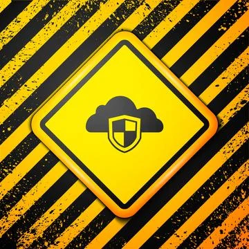 Black Cloud and shield icon isolated on yellow background. Cloud storage da.. Stock Illustration