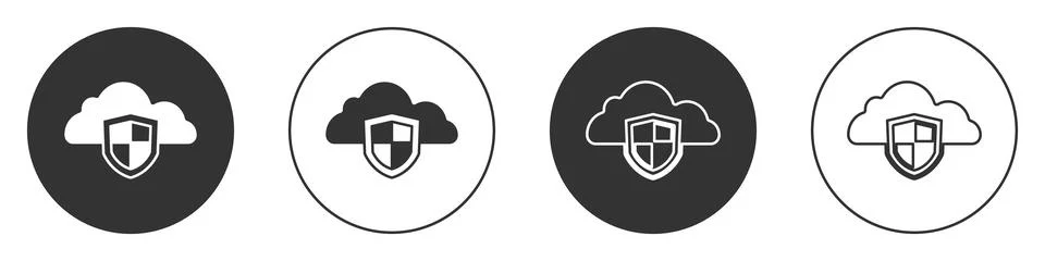 Black Cloud and shield icon isolated on white background. Cloud storage dat.. Illustrazione stock