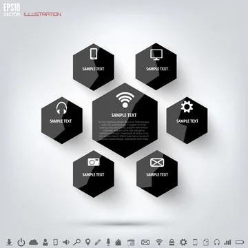 Black cloud computing background with web icons. Social network. Mobile app Stock Illustration