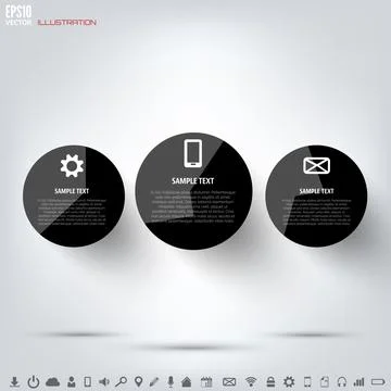 Black cloud computing background with web icons. Social network. Mobile app Stock Illustration