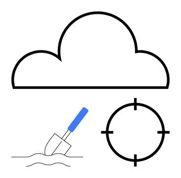 Black cloud outline above a trowel digging into ground, and a target crosshai 스톡 일러스트