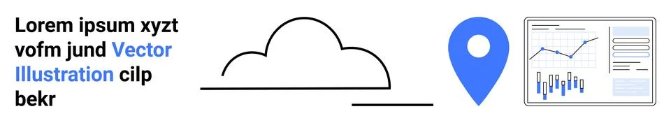 Black cloud outline, blue location pin, and analytics graph. Ideal for techno Illustrazione stock
