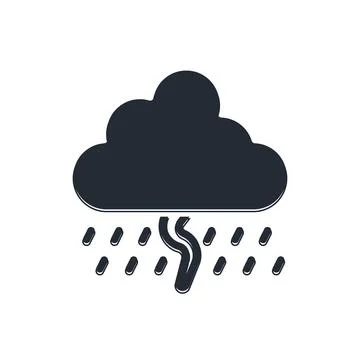 Black Cloud with rain and lightning icon isolated on white background. Rain.. Stock Illustration