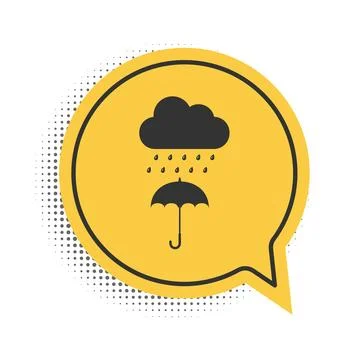 Black Cloud with rain drop on umbrella icon isolated on white background. Yellow Stock Illustration