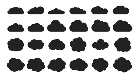 Black cloud shapes. Cloud silhouettes icons collection. Vector thinking bubbles Illustrazione stock