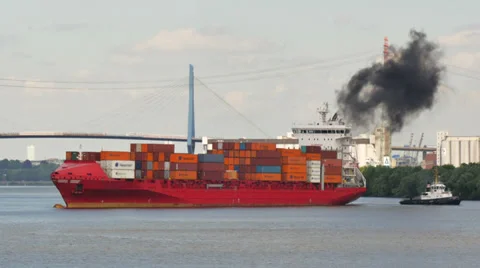 Black cloud of smoke comes from container ship. Stock Footage 39593124