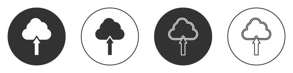 Black Cloud upload icon isolated on white background. Circle button. Vector Stock Illustration