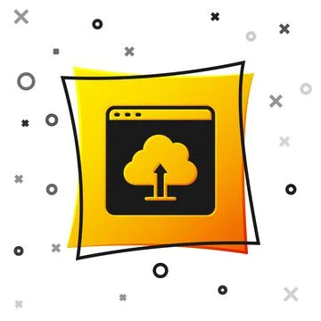 Black Cloud upload icon isolated on white background. Yellow square button 스톡 일러스트