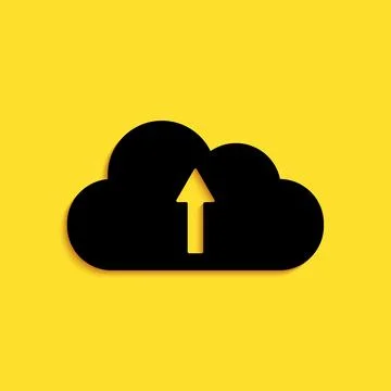 Black Cloud upload icon isolated on yellow background. Long shadow style. Vector Stock Illustration