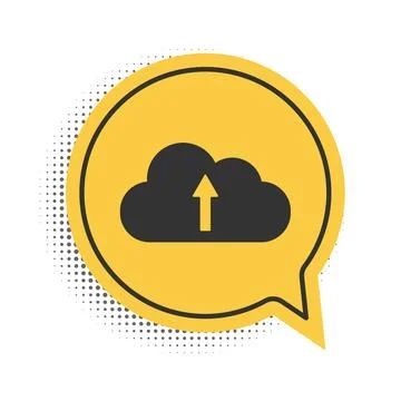 Black Cloud upload icon isolated on white background. Yellow speech bubble Illustrazione stock