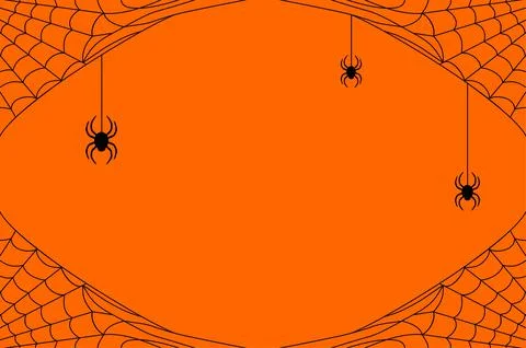 Black cobweb with spiders on an orange background. Halloween vector frame Stock Illustration