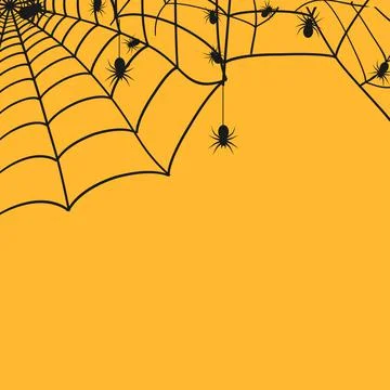 Black cobweb with spiders on orange background. Spider web. Vector Stock Illustration