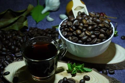 Black Coffee and Beans Stock Photos