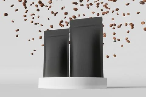 Black coffee bag mockup falling beans matte podium white background 3D render Illustrazione stock