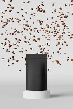 Black coffee bag mockup falling beans matte podium white background 3D render Illustrazione stock