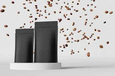 Black coffee bag mockup falling beans matte podium white background 3D render Illustrazione stock