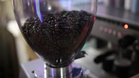 Black coffee beans in beverage tank. Delicious arabica coffee industry. Close up Stock Footage